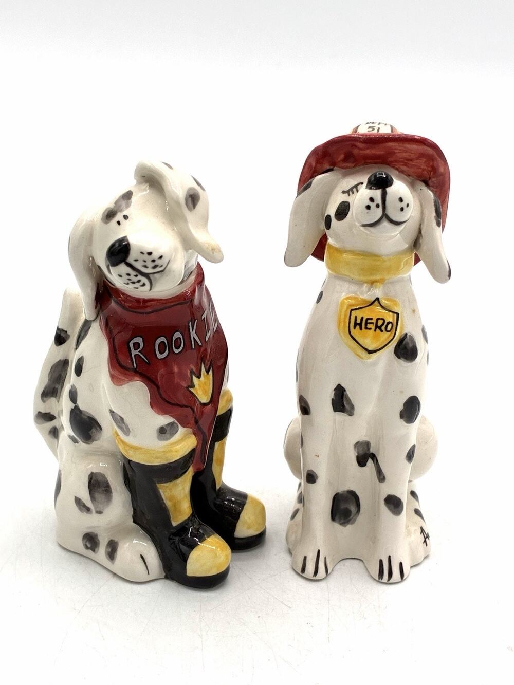 Blue Sky Dalmatian Firefighter Salt Pepper Shakers Signed Set of 2 2010